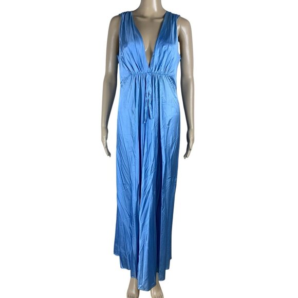 Vintage 70s Vanity Fair Blue V Neck Maxi Gown Dress Nylon Women Sz 36 - Picture 1 of 13